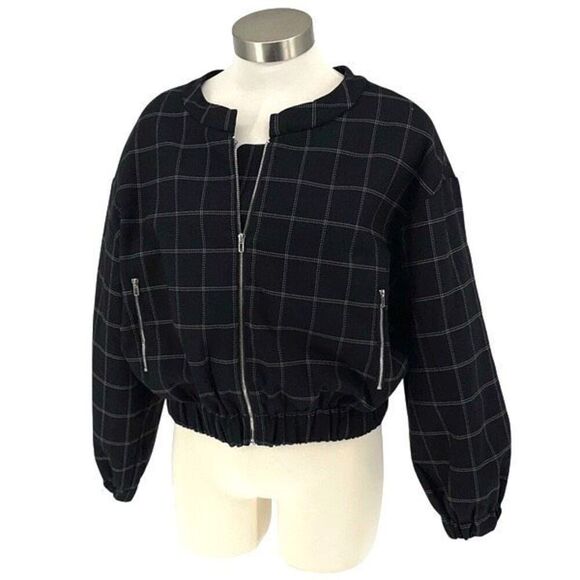 Line + Dot‎ Womens Check Print Full Zip Long Sleeve Bomber Jacket Black Small - Picture 1 of 9